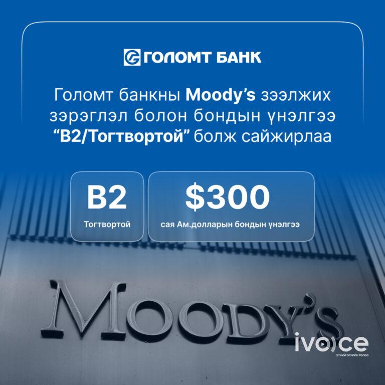 Moody’s агентлаг Голомт банкны зээлжих зэрэглэлийг “B2” болгож нэмэгдүүллээ